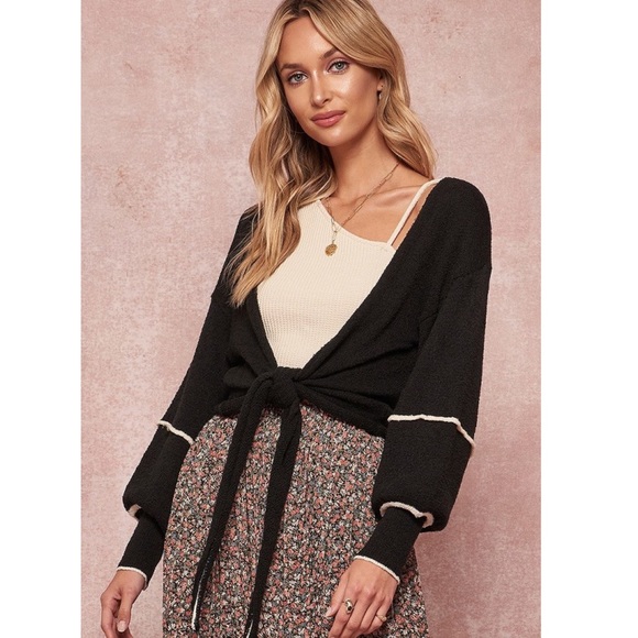 BLACK TIE FRONT TEXTURED CARDIGAN - Picture 2 of 4